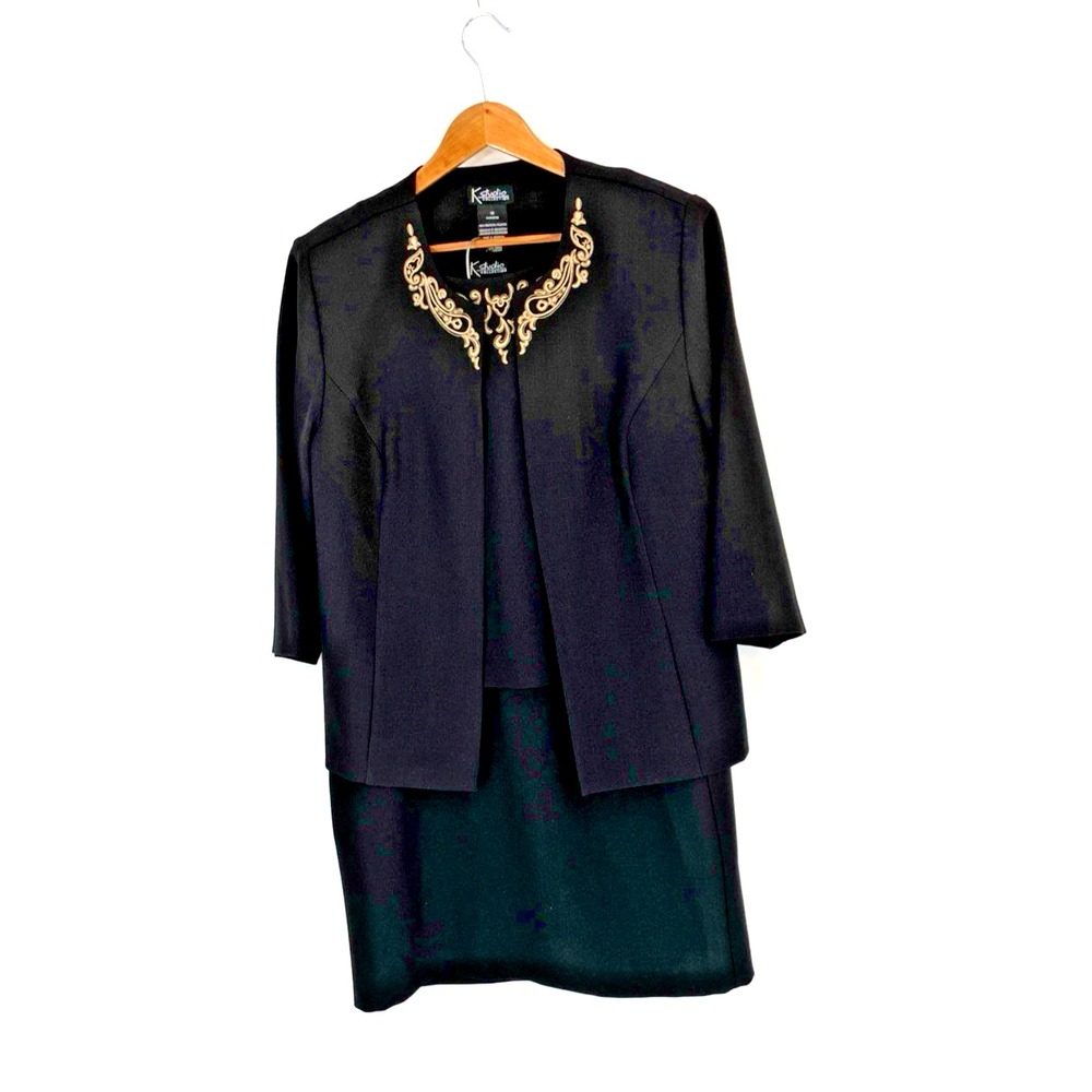 K Studio Collection 12 Blazer Top Skirt Set 3 Piece Black Gold Embroidered